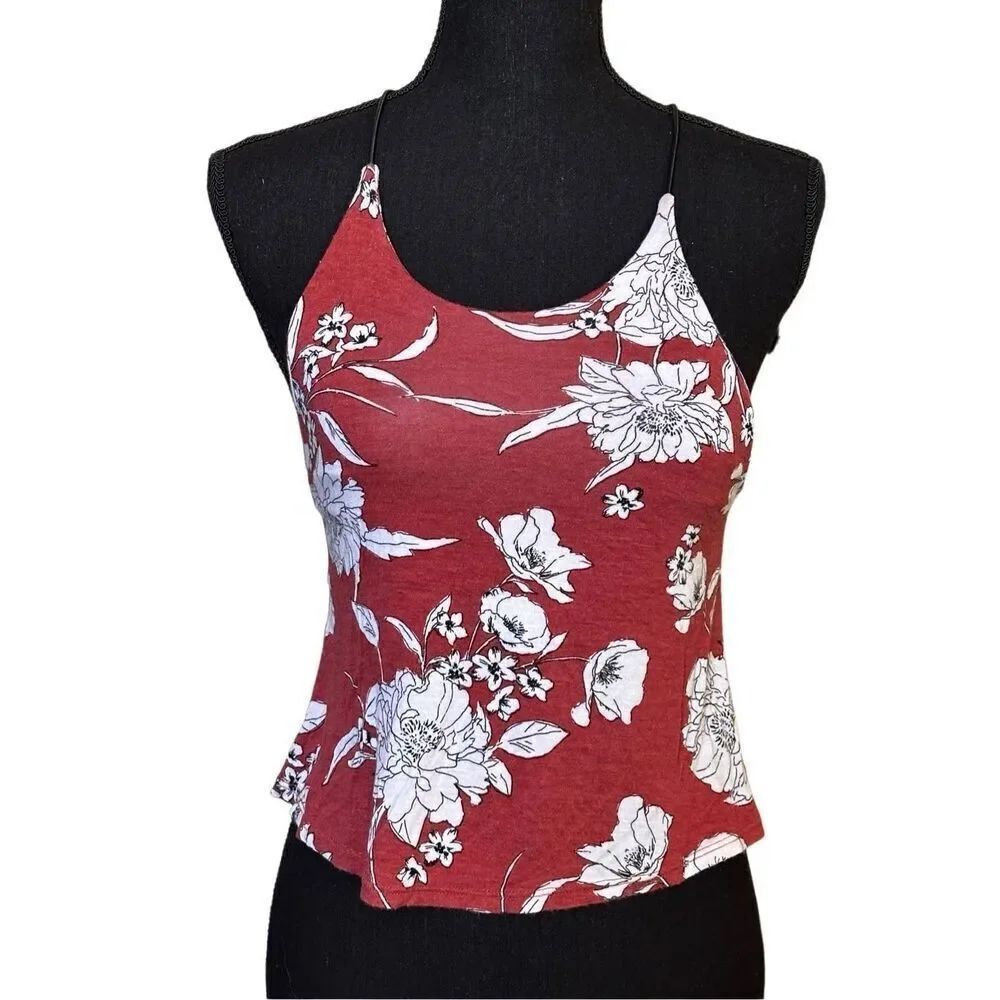 Mind Code Burgundy White Floral Printed Bungee Spaghetti Strap, Scoop Neckline,